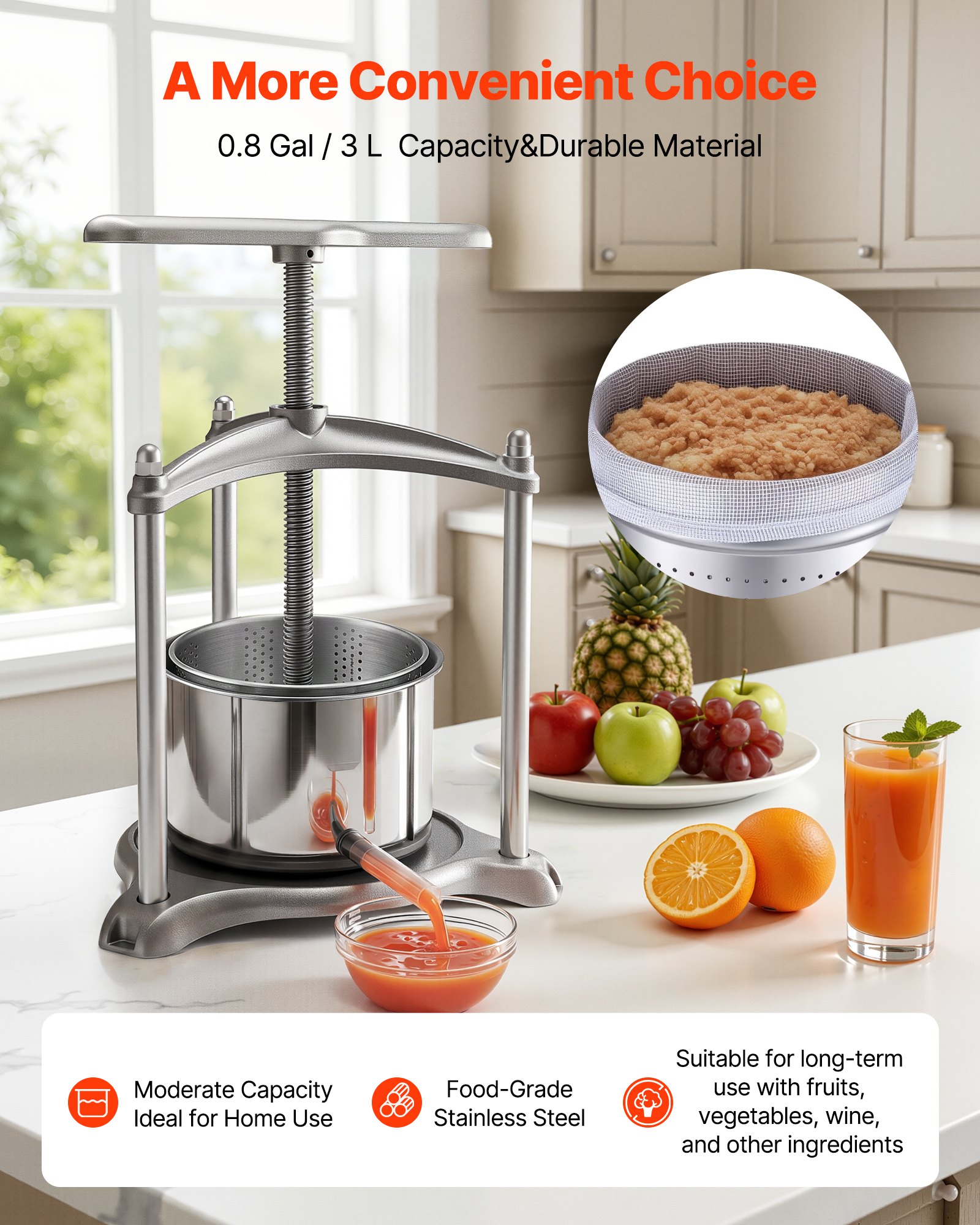 VEVOR Prensa de Frutas y Vino Capacidad de 3 L, Exprimidor Manual de Acero Inoxidable, Prensa de Vino con Mango en Forma de T, 2 Bolsas de Filtro, Placa de Prensado, para Hacer Zumo de Sidra, Manzana