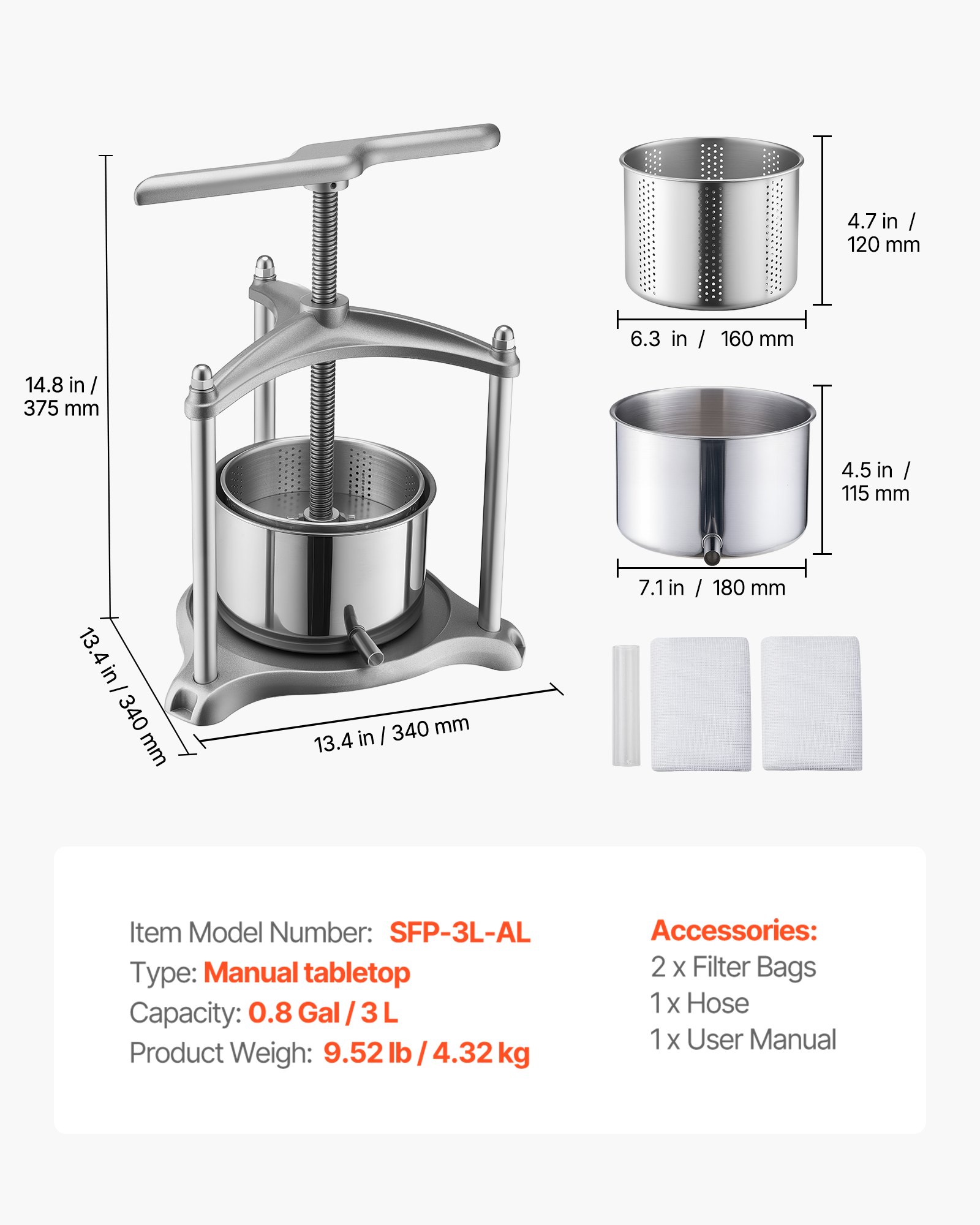 VEVOR Prensa de Frutas y Vino Capacidad de 3 L, Exprimidor Manual de Acero Inoxidable, Prensa de Vino con Mango en Forma de T, 2 Bolsas de Filtro, Placa de Prensado, para Hacer Zumo de Sidra, Manzana
