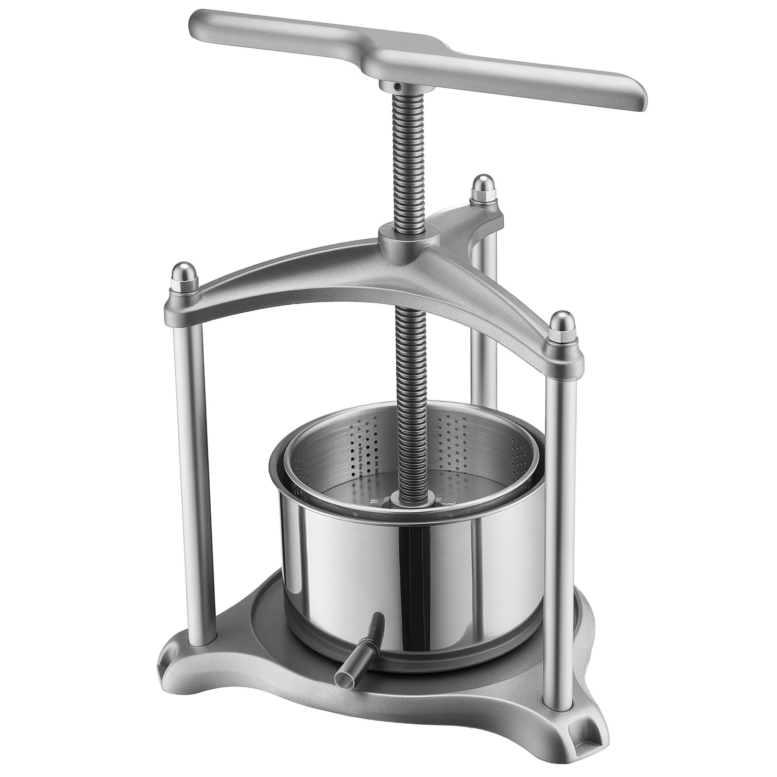 VEVOR Prensa de Frutas y Vino Capacidad de 3 L, Exprimidor Manual de Acero Inoxidable, Prensa de Vino con Mango en Forma de T, 2 Bolsas de Filtro, Placa de Prensado, para Hacer Zumo de Sidra, Manzana