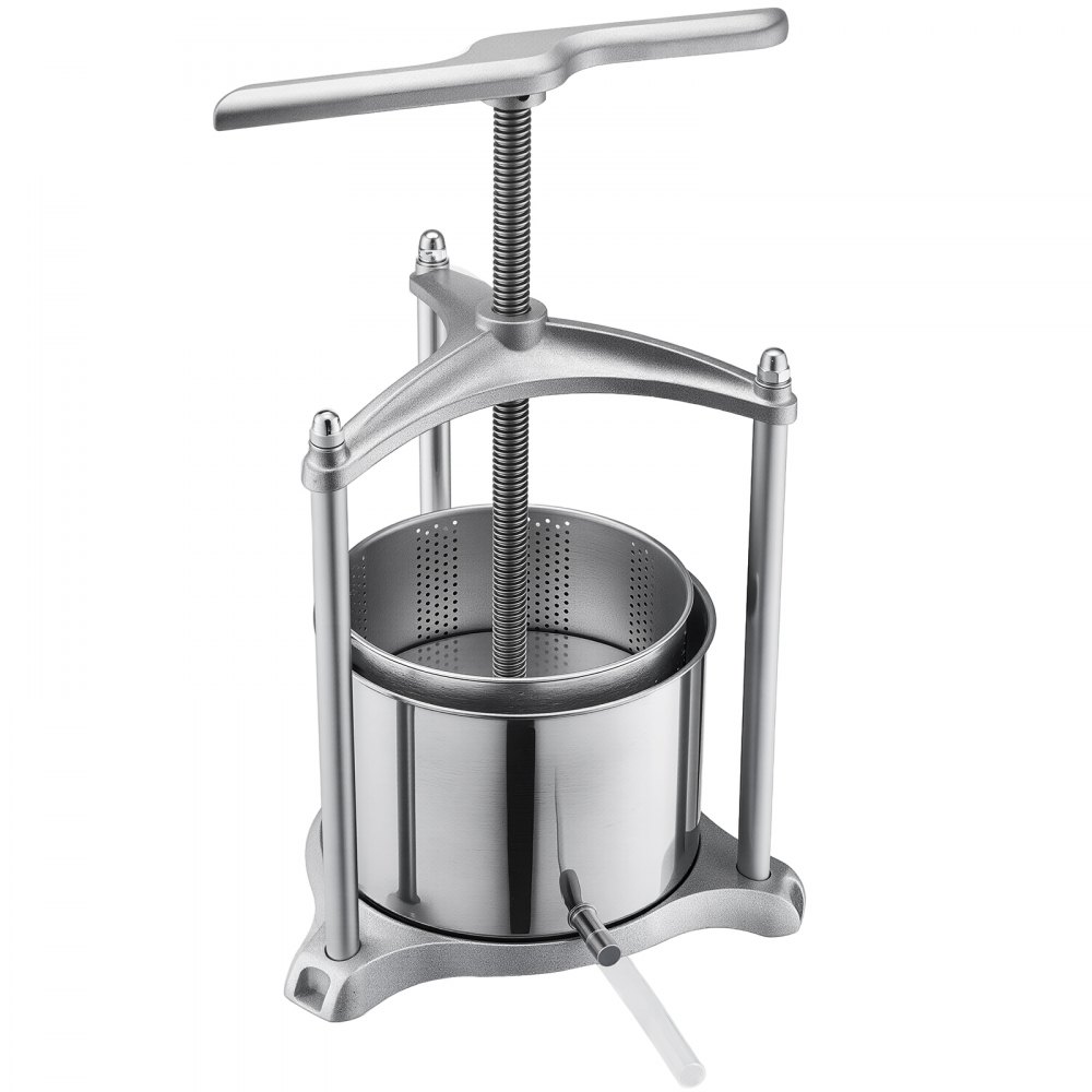 VEVOR Prensa de Frutas y Vino Capacidad de 6 L, Exprimidor Manual de Acero Inoxidable, Prensa de Vino con Mango en Forma de T, 2 Bolsas de Filtro, Placa de Prensado, para Hacer Zumo de Sidra, Manzana