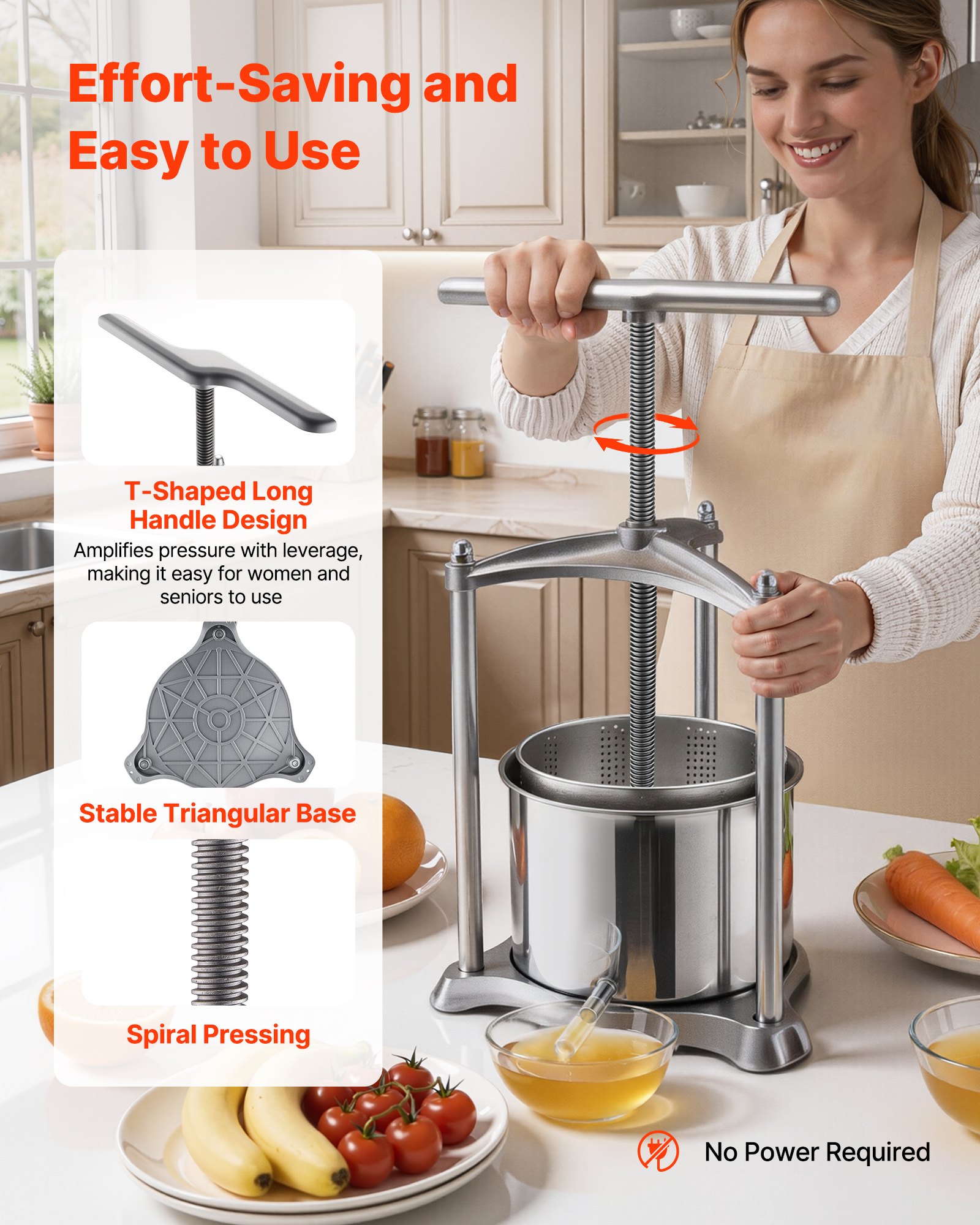VEVOR Prensa de Frutas y Vino Capacidad de 6 L, Exprimidor Manual de Acero Inoxidable, Prensa de Vino con Mango en Forma de T, 2 Bolsas de Filtro, Placa de Prensado, para Hacer Zumo de Sidra, Manzana