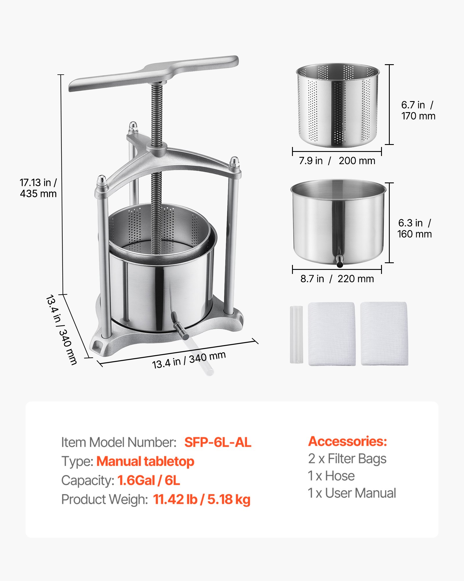 VEVOR Prensa de Frutas y Vino Capacidad de 6 L, Exprimidor Manual de Acero Inoxidable, Prensa de Vino con Mango en Forma de T, 2 Bolsas de Filtro, Placa de Prensado, para Hacer Zumo de Sidra, Manzana