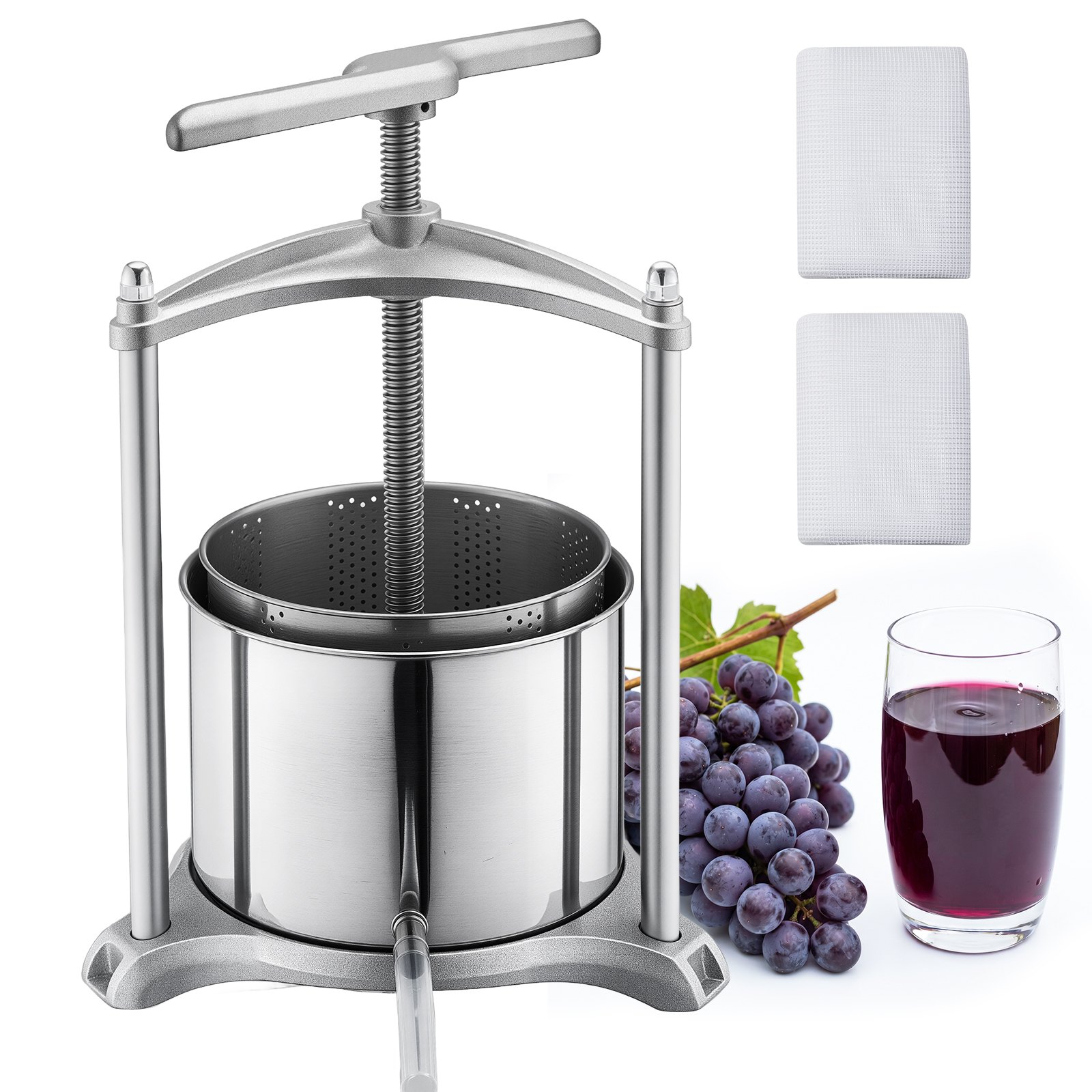 VEVOR Prensa de Frutas y Vino Capacidad de 6 L, Exprimidor Manual de Acero Inoxidable, Prensa de Vino con Mango en Forma de T, 2 Bolsas de Filtro, Placa de Prensado, para Hacer Zumo de Sidra, Manzana
