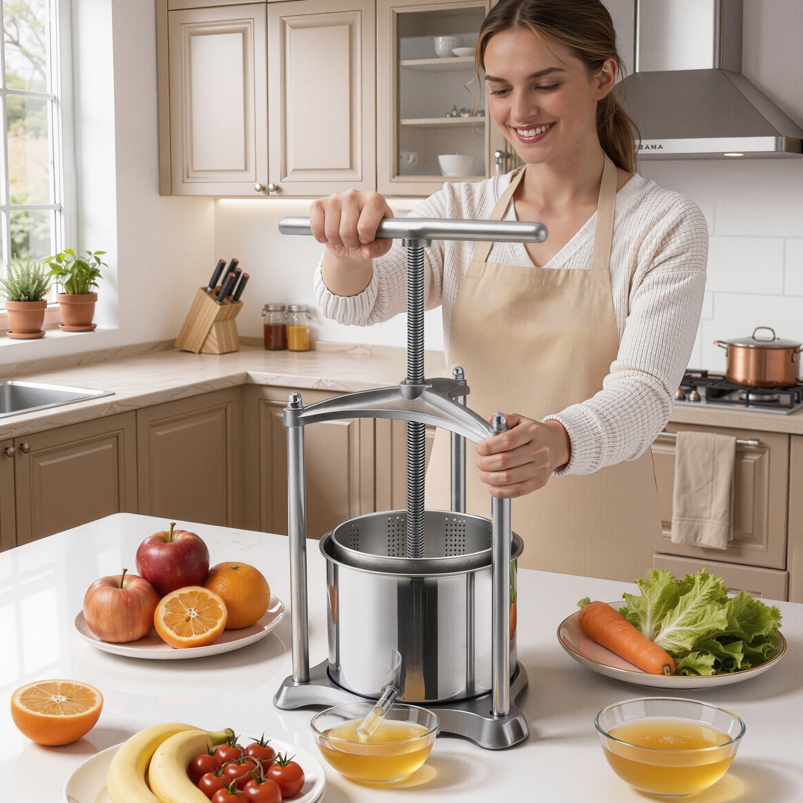 VEVOR Prensa de Frutas y Vino Capacidad de 6 L, Exprimidor Manual de Acero Inoxidable, Prensa de Vino con Mango en Forma de T, 2 Bolsas de Filtro, Placa de Prensado, para Hacer Zumo de Sidra, Manzana
