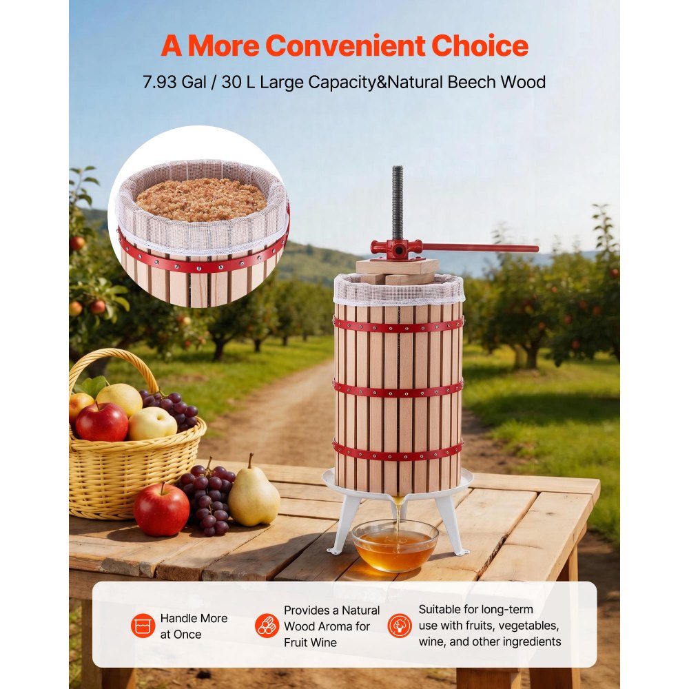 VEVOR Prensa de Frutas y Vino Capacidad de 30 L, Exprimidor Manual Cesta de Madera Maciza de Haya, Prensa de Vino con 2 Bolsas de Filtro, Placa de Prensado, para Hacer Zumo de Sidra, Manzana, Uva