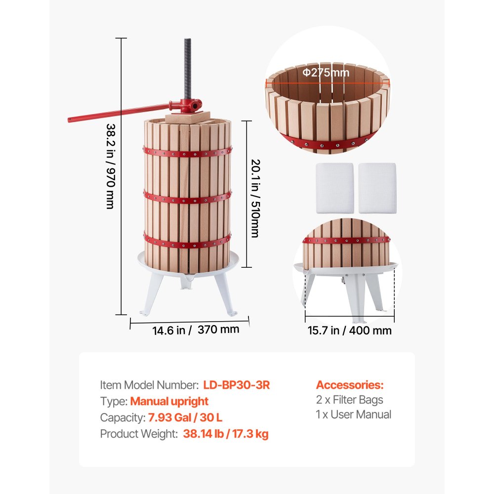 VEVOR Prensa de Frutas y Vino Capacidad de 30 L, Exprimidor Manual Cesta de Madera Maciza de Haya, Prensa de Vino con 2 Bolsas de Filtro, Placa de Prensado, para Hacer Zumo de Sidra, Manzana, Uva