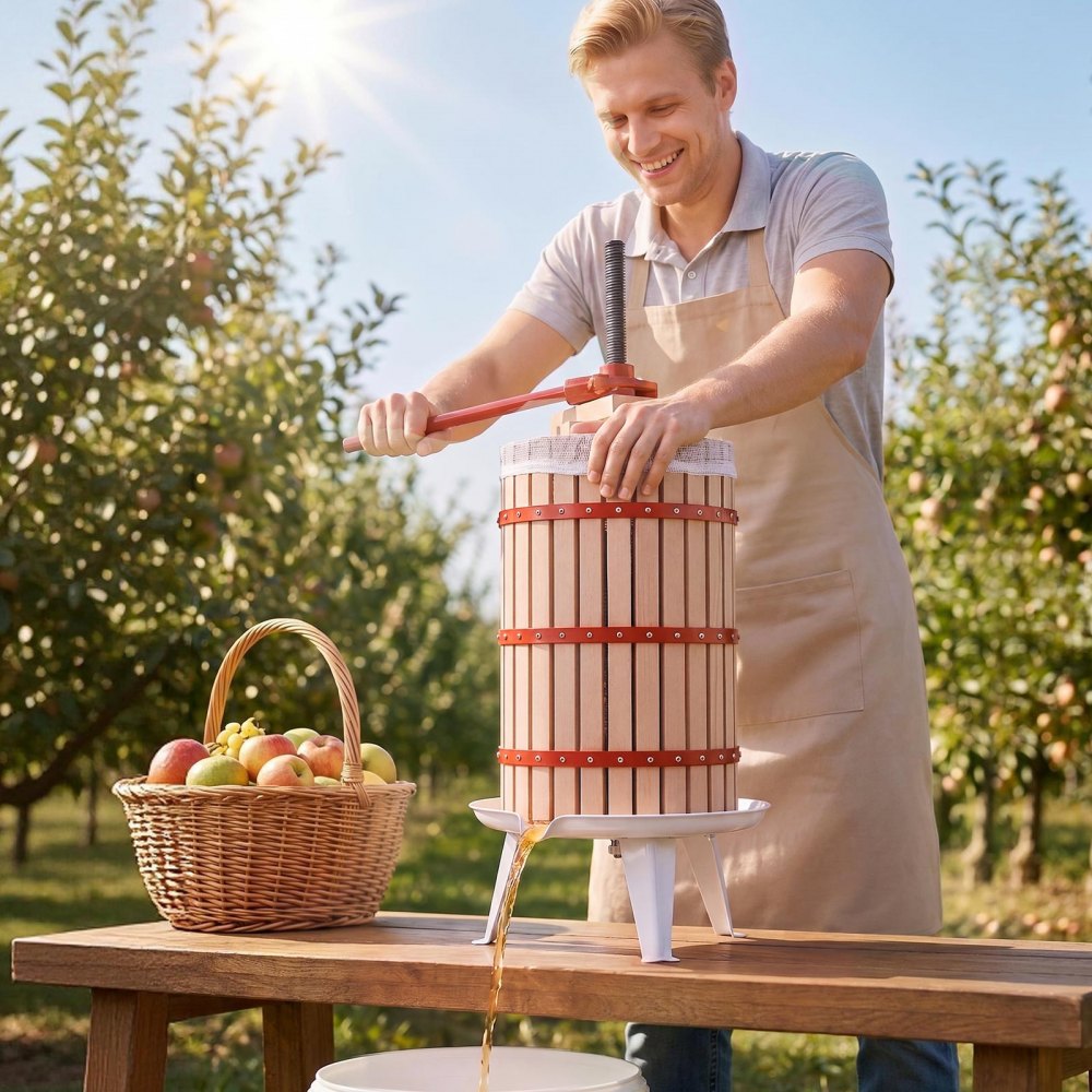 VEVOR Prensa de Frutas y Vino Capacidad de 30 L, Exprimidor Manual Cesta de Madera Maciza de Haya, Prensa de Vino con 2 Bolsas de Filtro, Placa de Prensado, para Hacer Zumo de Sidra, Manzana, Uva
