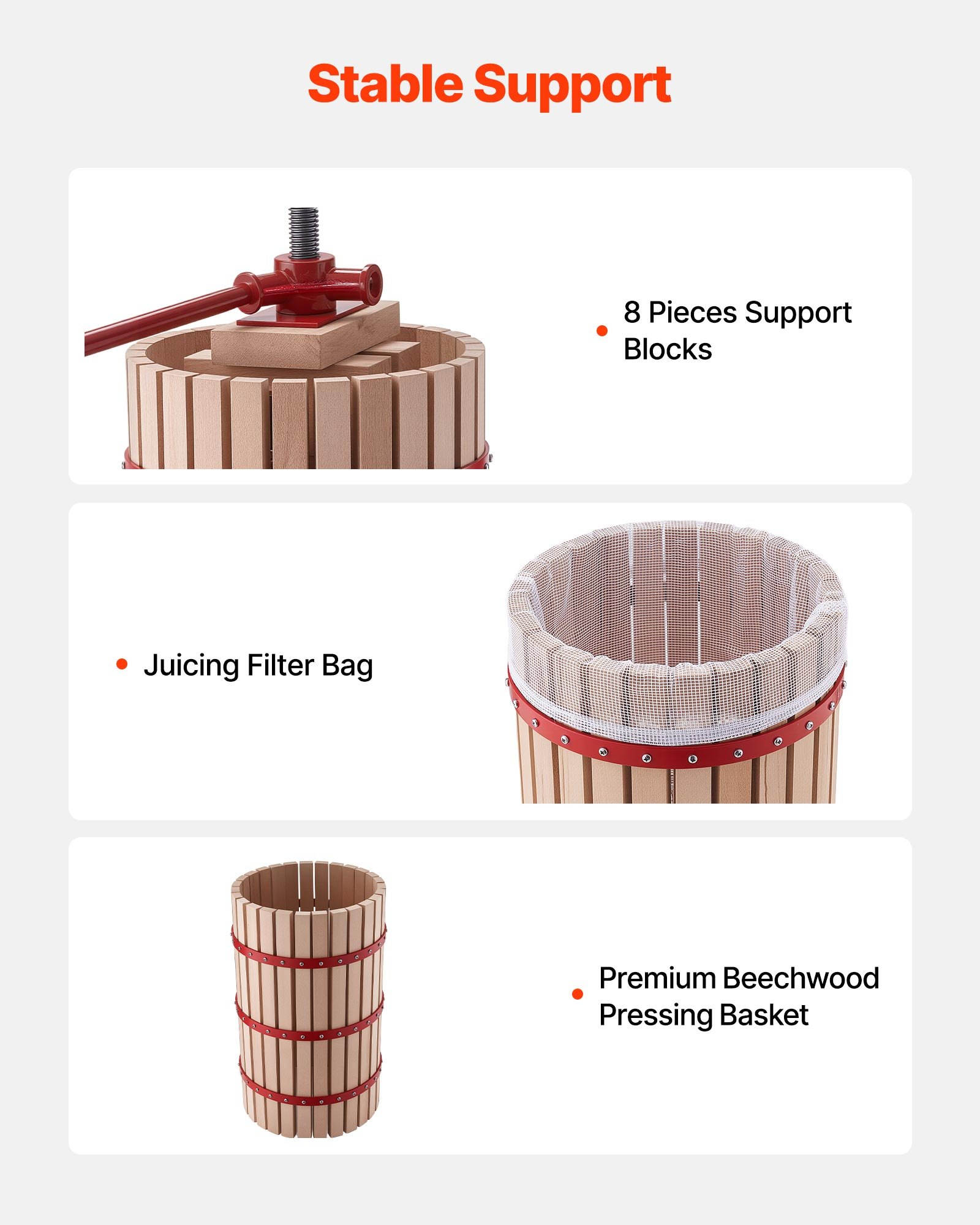 VEVOR Prensa de Frutas y Vino Capacidad de 30 L, Exprimidor Manual Cesta de Madera Maciza de Haya, Prensa de Vino con 2 Bolsas de Filtro, Placa de Prensado, para Hacer Zumo de Sidra, Manzana, Uva