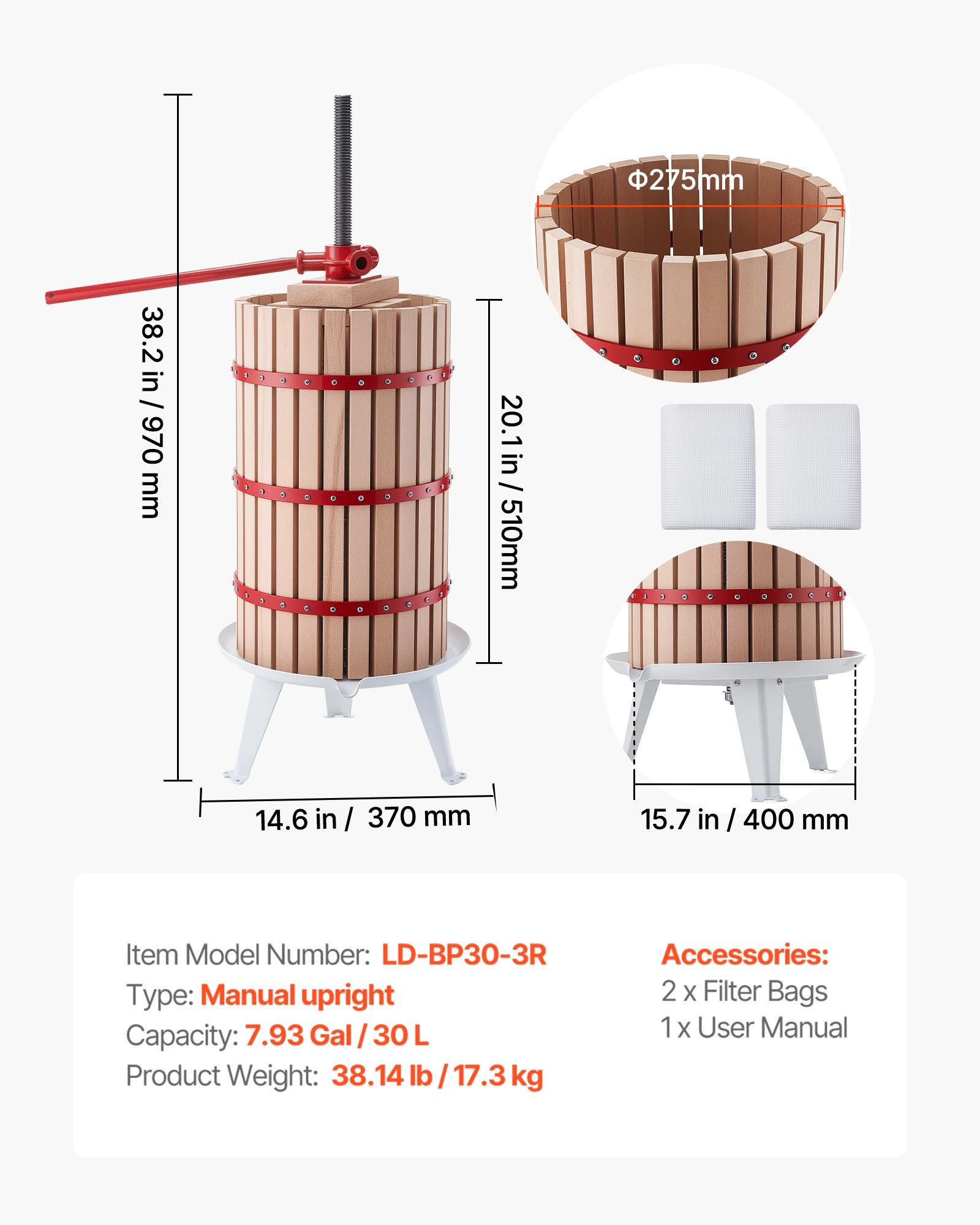 VEVOR Prensa de Frutas y Vino Capacidad de 30 L, Exprimidor Manual Cesta de Madera Maciza de Haya, Prensa de Vino con 2 Bolsas de Filtro, Placa de Prensado, para Hacer Zumo de Sidra, Manzana, Uva