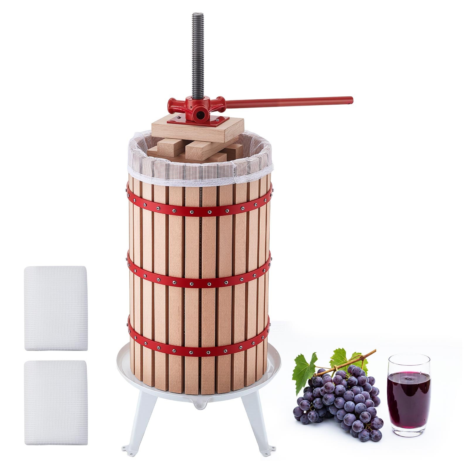 VEVOR Prensa de Frutas y Vino Capacidad de 30 L, Exprimidor Manual Cesta de Madera Maciza de Haya, Prensa de Vino con 2 Bolsas de Filtro, Placa de Prensado, para Hacer Zumo de Sidra, Manzana, Uva