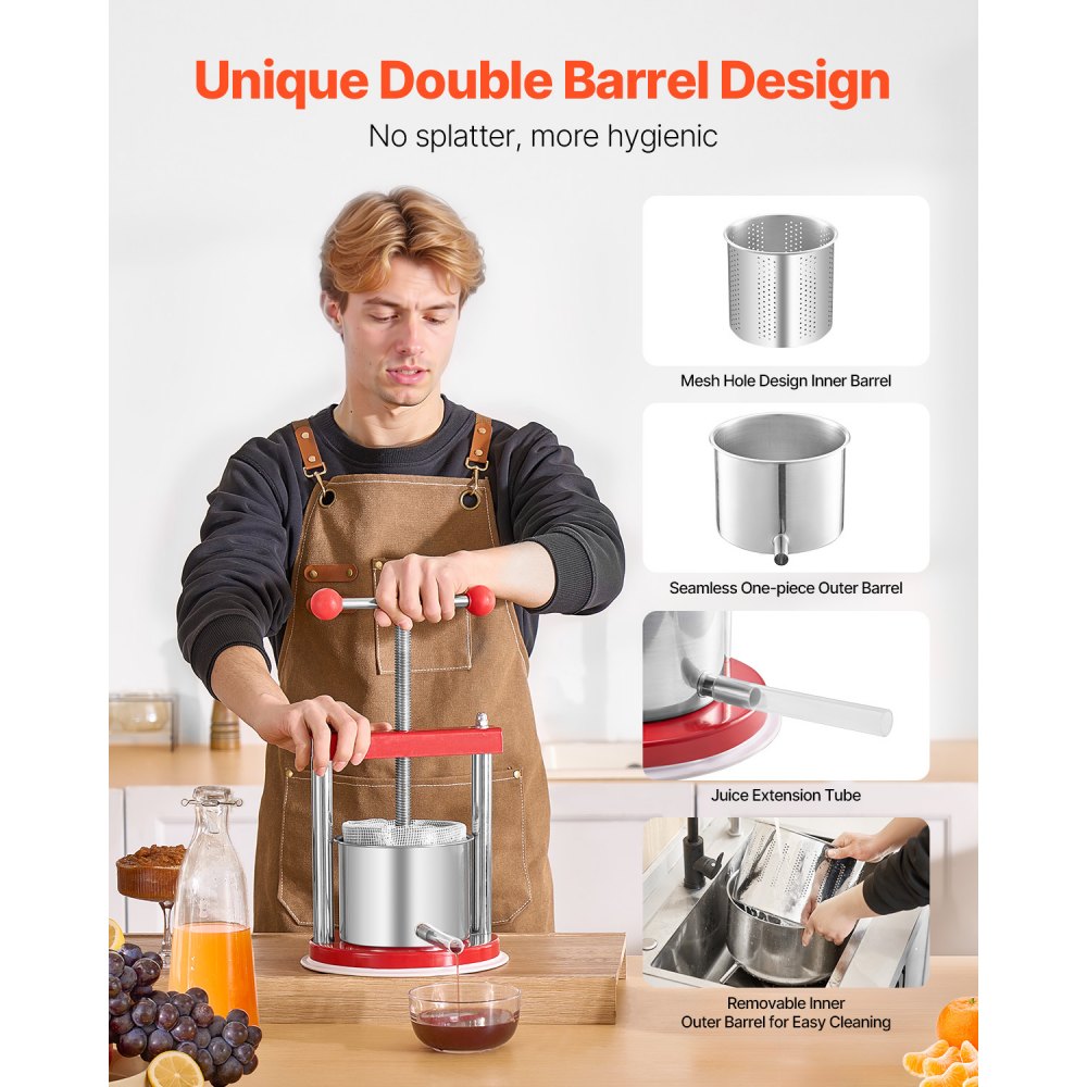 VEVOR Fruit Wine Press, Fruit Mill, Apple Mill (1.65 L) with 2 Stainless Steel Barrels, Manual Juicer, Apple Wine Press, Juice Press, Apple Press, Grape Press, Olive Oil Press with T-Handle for Kitchen