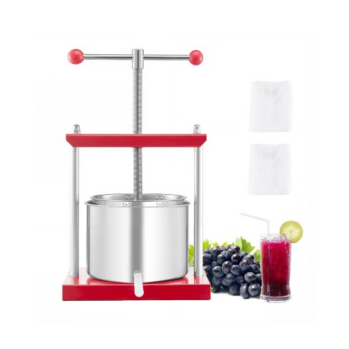 VEVOR Prensa de Vino de Frutas 6 L, 2 Barriles de Acero Inoxidable, para Sidra, Manzana, Uva, Tintura, Aceite de Oliva, con Mango en T para Cocina al Aire Libre y Hogar, 300 x 242 x 675 mm, Rojo