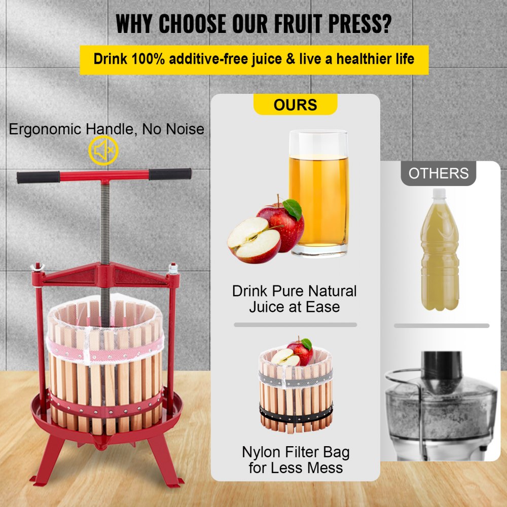 VEVOR Prensa de Vino de Frutas 4,8 Gal/18 L Prensa de Vino de Uvas con Cesta de Madera Prensa para Vino o Fruta, Marco de Hierro Fundido Revestido con Mango en T Ergonómico y 3 Pies de Apoyo Firmes