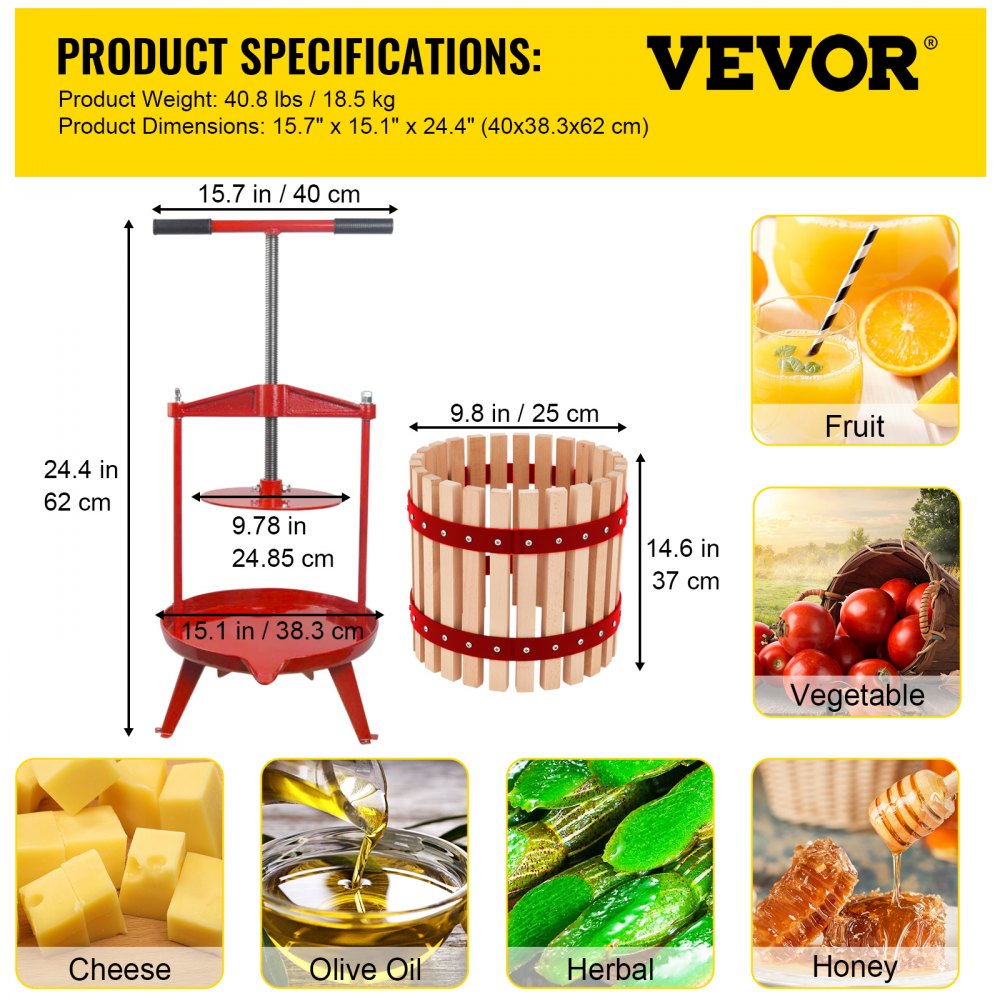 VEVOR Prensa de Vino de Frutas 4,8 Gal/18 L Prensa de Vino de Uvas con Cesta de Madera Prensa para Vino o Fruta, Marco de Hierro Fundido Revestido con Mango en T Ergonómico y 3 Pies de Apoyo Firmes