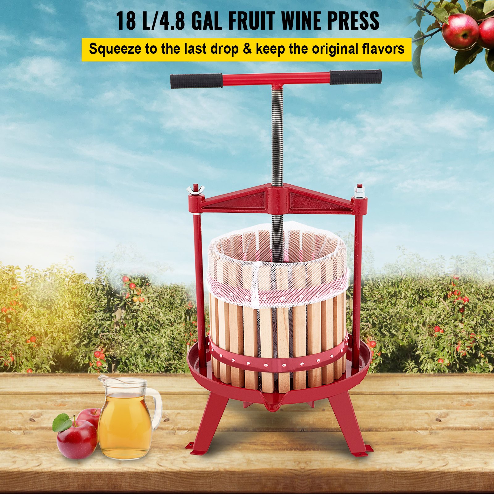 VEVOR Prensa de Vino de Frutas 4,8 Gal/18 L Prensa de Vino de Uvas con Cesta de Madera Prensa para Vino o Fruta, Marco de Hierro Fundido Revestido con Mango en T Ergonómico y 3 Pies de Apoyo Firmes