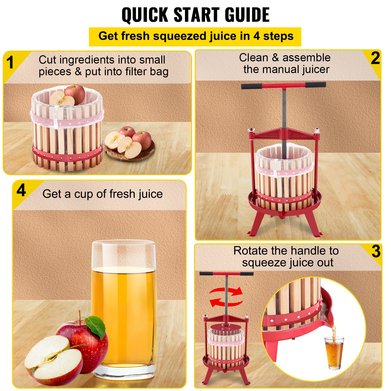 VEVOR Prensa de Vino de Frutas 4,8 Gal/18 L Prensa de Vino de Uvas con Cesta de Madera Prensa para Vino o Fruta, Marco de Hierro Fundido Revestido con Mango en T Ergonómico y 3 Pies de Apoyo Firmes