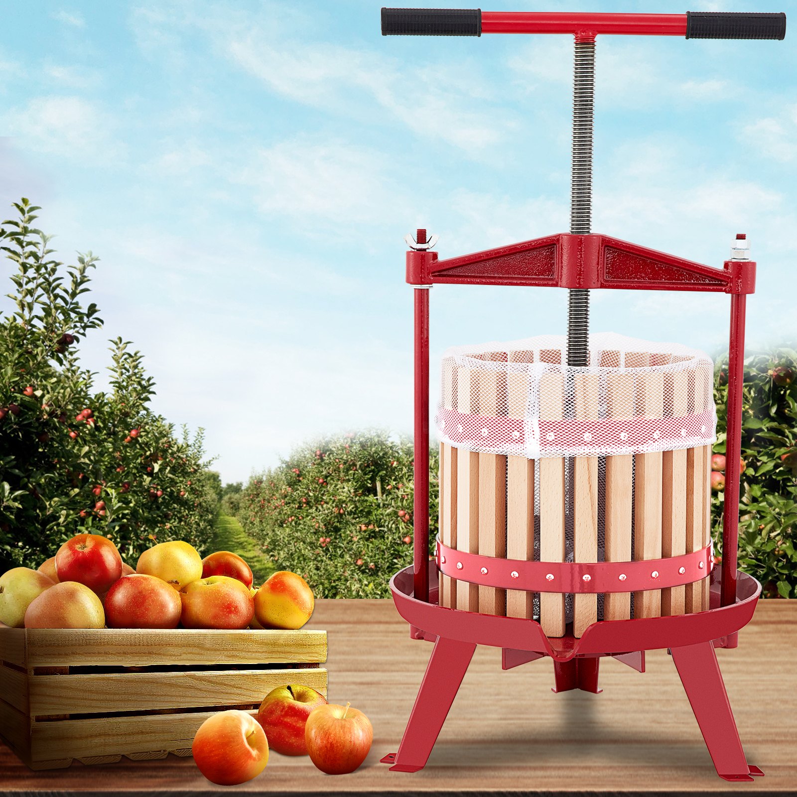 VEVOR Prensa de Vino de Frutas 4,8 Gal/18 L Prensa de Vino de Uvas con Cesta de Madera Prensa para Vino o Fruta, Marco de Hierro Fundido Revestido con Mango en T Ergonómico y 3 Pies de Apoyo Firmes