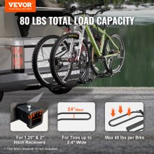 VEVOR Portabicicletas para 2 Bicicletas Portaequipajes con Enganche Capacidad de Carga Máxima de 36 kg Compatible con Receptores de 30/51 mm para Coches SUV Autocaravana Camión Viajes Desplazamientos, Interfaz rectangular