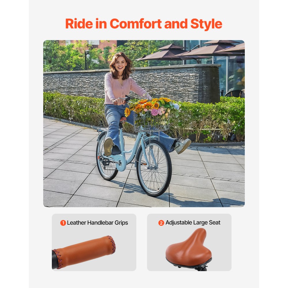 VEVOR Bicicleta de Ciudad 24 pulgadas Bicicleta con Canasta y Portaequipaje Trasero Bicicleta de Paseo 7 Velocidades con Asiento Ajustable para Andar en Bicicleta, Hacer Ejercicio, Comprar, Azul