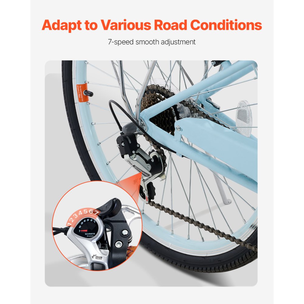 VEVOR Bicicleta de Ciudad 24 pulgadas Bicicleta con Canasta y Portaequipaje Trasero Bicicleta de Paseo 7 Velocidades con Asiento Ajustable para Andar en Bicicleta, Hacer Ejercicio, Comprar, Azul