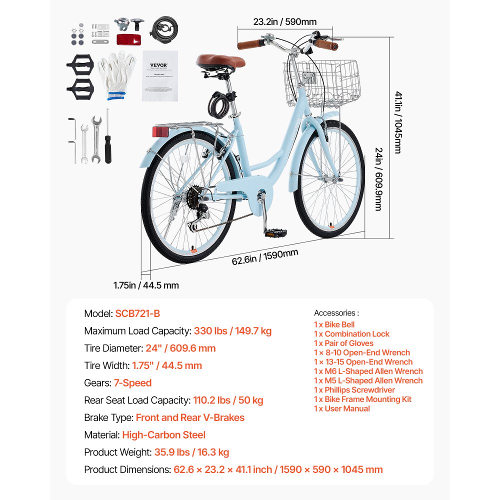 VEVOR Bicicleta de Ciudad 24 pulgadas Bicicleta con Canasta y Portaequipaje Trasero Bicicleta de Paseo 7 Velocidades con Asiento Ajustable para Andar en Bicicleta, Hacer Ejercicio, Comprar, Azul