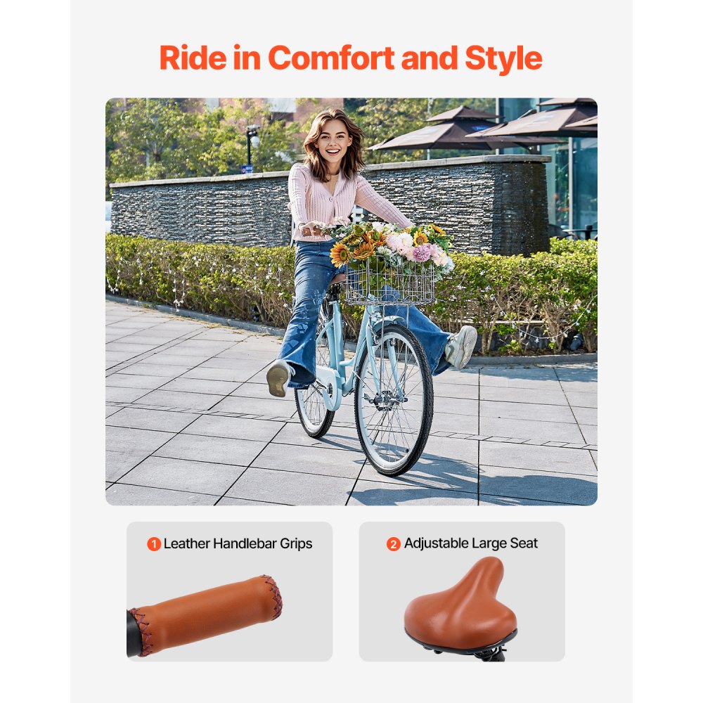 VEVOR Bicicleta de Ciudad 26 pulgadas Bicicleta con Canasta y Portaequipaje Trasero Bicicleta de Paseo 1 Velocidad con Asiento Ajustable para Andar en Bicicleta, Hacer Ejercicio, Comprar, Azul