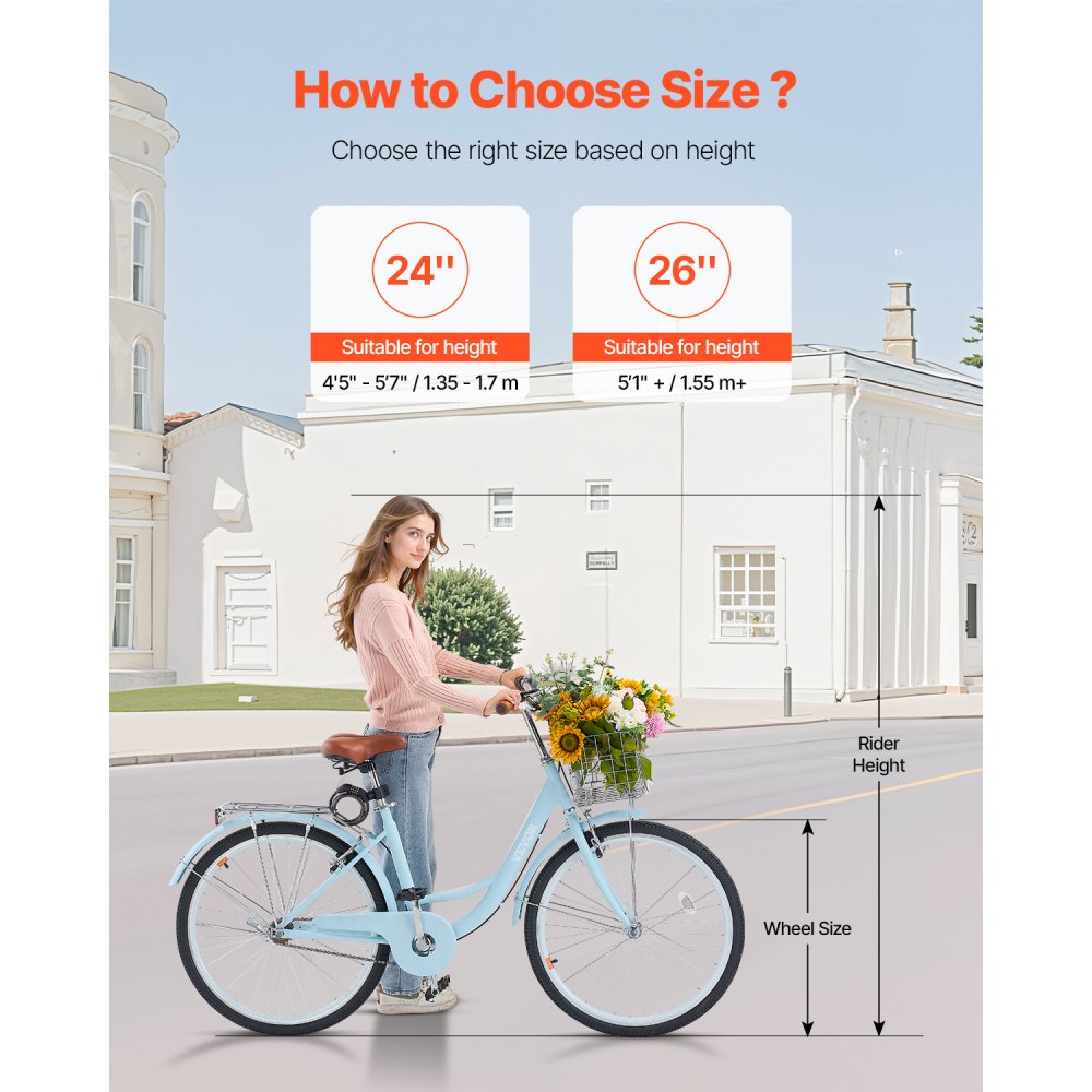 VEVOR Bicicleta de Ciudad 26 pulgadas Bicicleta con Canasta y Portaequipaje Trasero Bicicleta de Paseo 1 Velocidad con Asiento Ajustable para Andar en Bicicleta, Hacer Ejercicio, Comprar, Azul