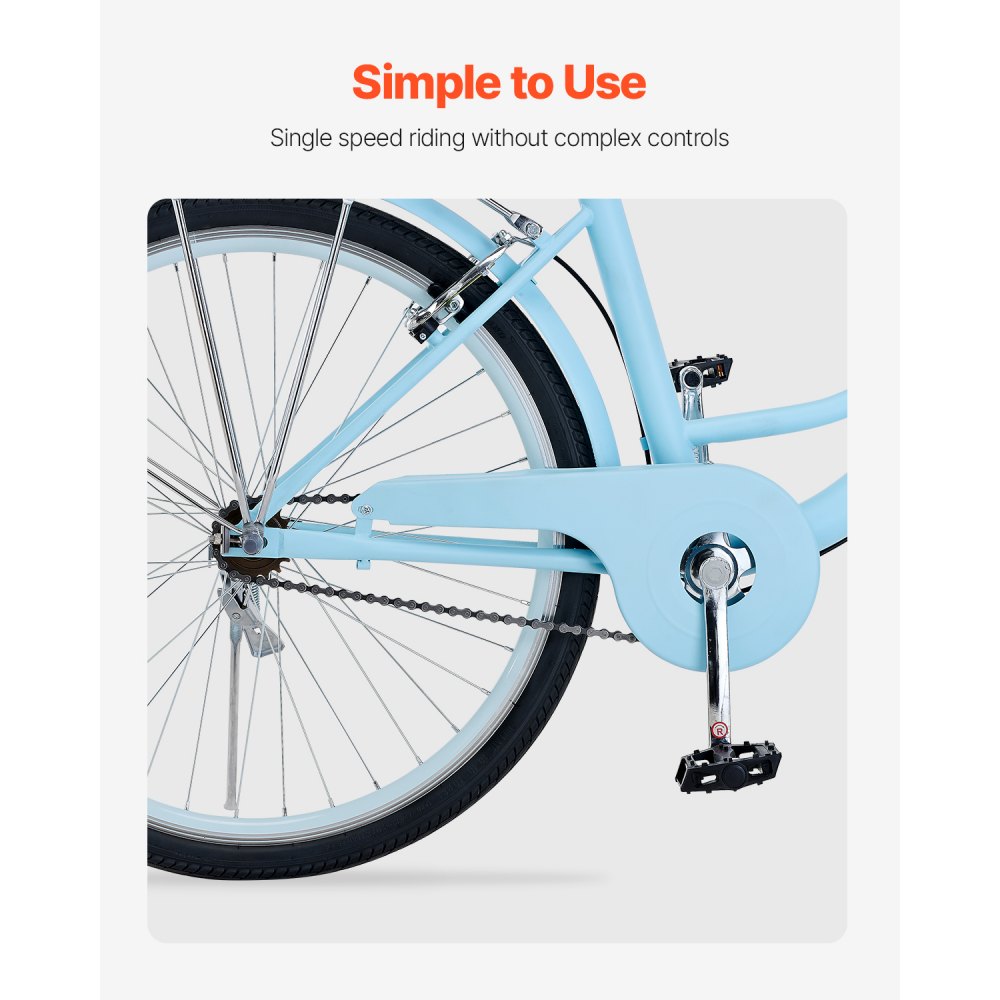 VEVOR Bicicleta de Ciudad 26 pulgadas Bicicleta con Canasta y Portaequipaje Trasero Bicicleta de Paseo 1 Velocidad con Asiento Ajustable para Andar en Bicicleta, Hacer Ejercicio, Comprar, Azul