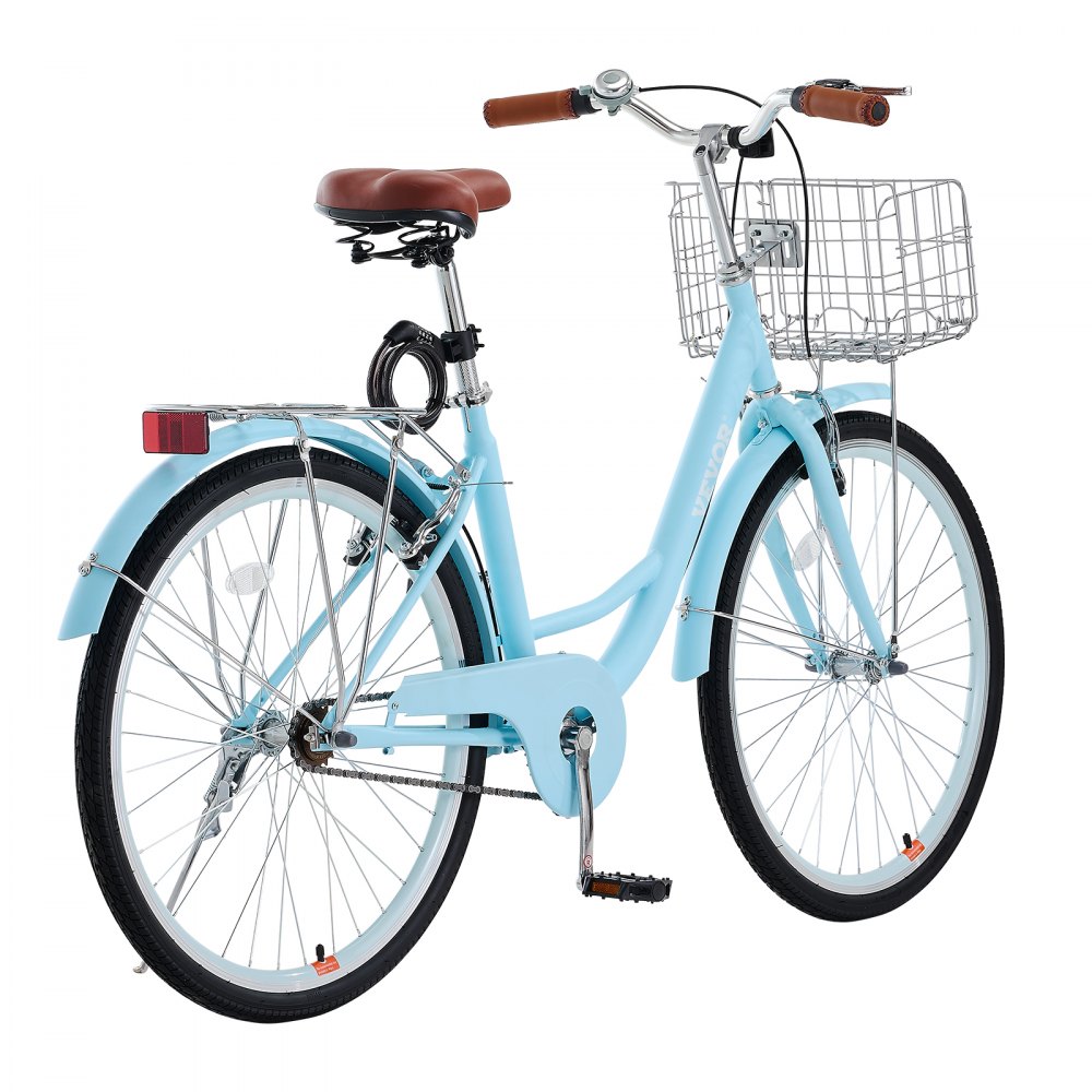 VEVOR Bicicleta de Ciudad 26 pulgadas Bicicleta con Canasta y Portaequipaje Trasero Bicicleta de Paseo 1 Velocidad con Asiento Ajustable para Andar en Bicicleta, Hacer Ejercicio, Comprar, Azul