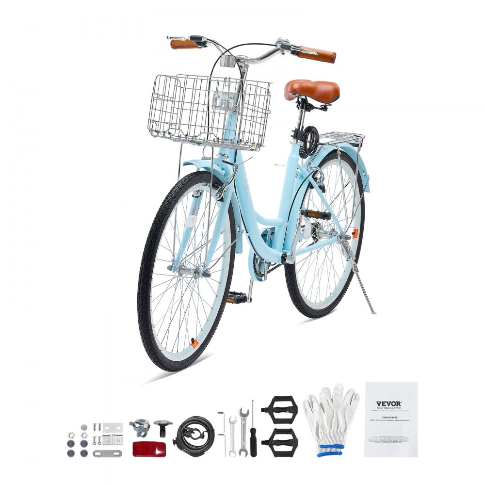 VEVOR Bicicleta de Ciudad 26 pulgadas Bicicleta con Canasta y Portaequipaje Trasero Bicicleta de Paseo 1 Velocidad con Asiento Ajustable para Andar en Bicicleta, Hacer Ejercicio, Comprar, Azul