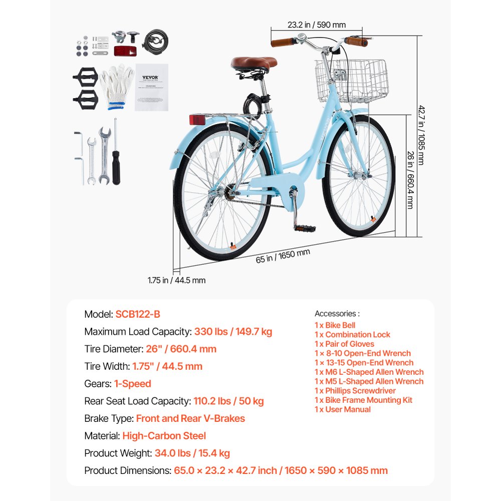 VEVOR Bicicleta de Ciudad 26 pulgadas Bicicleta con Canasta y Portaequipaje Trasero Bicicleta de Paseo 1 Velocidad con Asiento Ajustable para Andar en Bicicleta, Hacer Ejercicio, Comprar, Azul