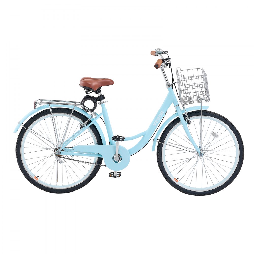 VEVOR Bicicleta de Ciudad 26 pulgadas Bicicleta con Canasta y Portaequipaje Trasero Bicicleta de Paseo 1 Velocidad con Asiento Ajustable para Andar en Bicicleta, Hacer Ejercicio, Comprar, Azul