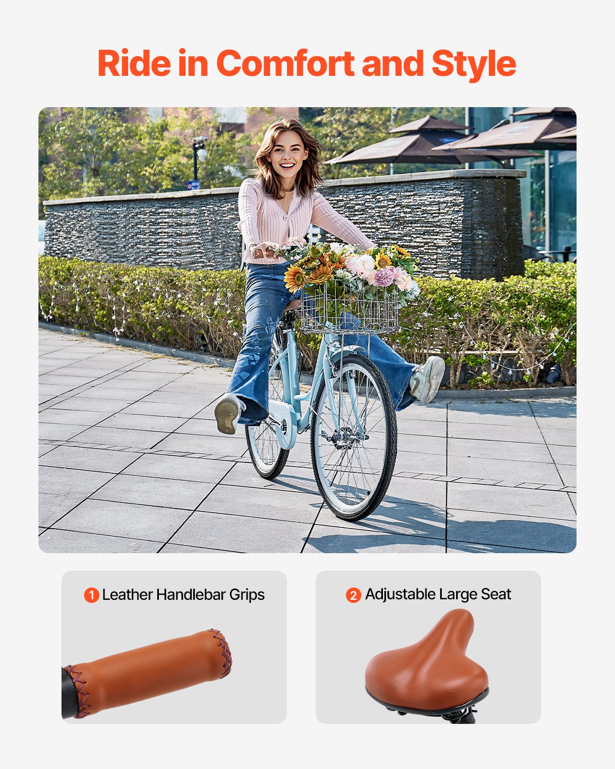 VEVOR Bicicleta de Ciudad 26 pulgadas Bicicleta con Canasta y Portaequipaje Trasero Bicicleta de Paseo 1 Velocidad con Asiento Ajustable para Andar en Bicicleta, Hacer Ejercicio, Comprar, Azul