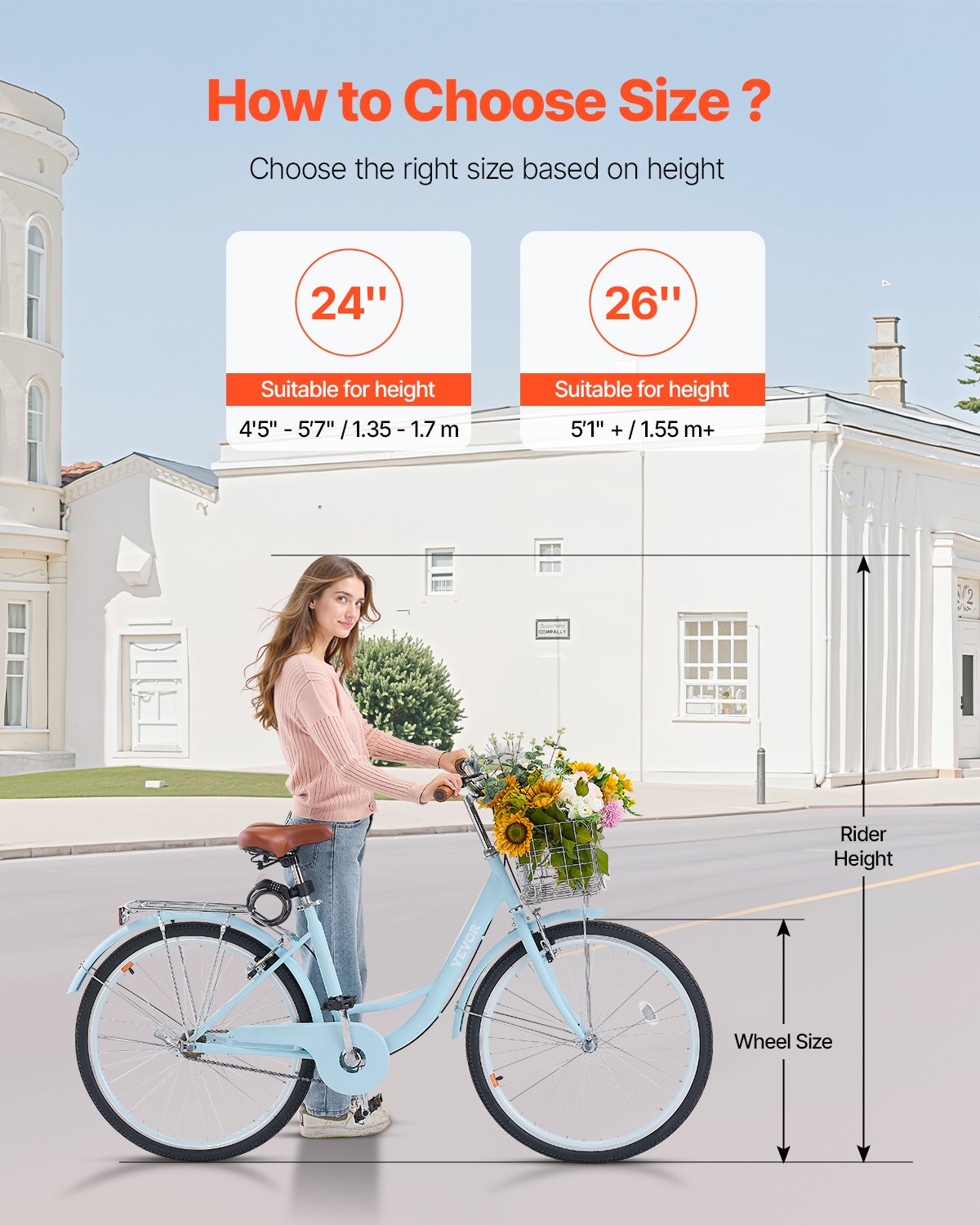 VEVOR Bicicleta de Ciudad 26 pulgadas Bicicleta con Canasta y Portaequipaje Trasero Bicicleta de Paseo 1 Velocidad con Asiento Ajustable para Andar en Bicicleta, Hacer Ejercicio, Comprar, Azul