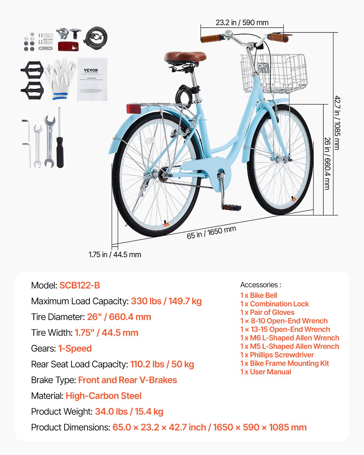VEVOR Bicicleta de Ciudad 26 pulgadas Bicicleta con Canasta y Portaequipaje Trasero Bicicleta de Paseo 1 Velocidad con Asiento Ajustable para Andar en Bicicleta, Hacer Ejercicio, Comprar, Azul