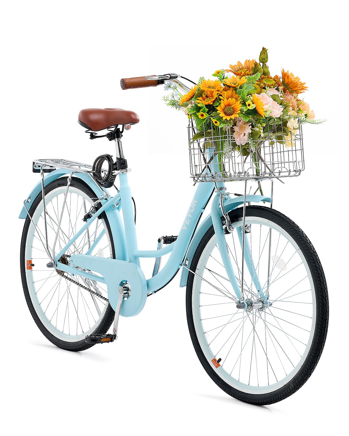 VEVOR Bicicleta de Ciudad 26 pulgadas Bicicleta con Canasta y Portaequipaje Trasero Bicicleta de Paseo 1 Velocidad con Asiento Ajustable para Andar en Bicicleta, Hacer Ejercicio, Comprar, Azul