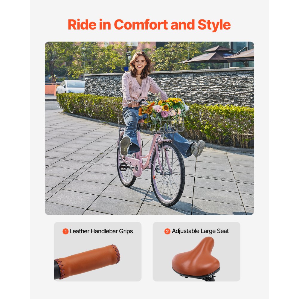 VEVOR Bicicleta de Ciudad 26 pulgadas Bicicleta con Canasta y Portaequipaje Trasero Bicicleta de Paseo 1 Velocidad con Asiento Ajustable para Andar en Bicicleta, Hacer Ejercicio, Comprar, Rosa