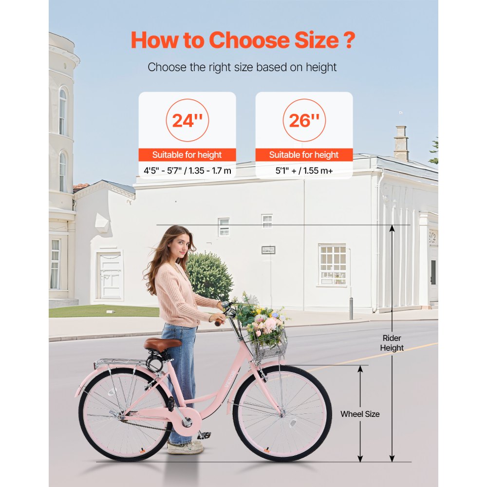 VEVOR Bicicleta de Ciudad 26 pulgadas Bicicleta con Canasta y Portaequipaje Trasero Bicicleta de Paseo 1 Velocidad con Asiento Ajustable para Andar en Bicicleta, Hacer Ejercicio, Comprar, Rosa
