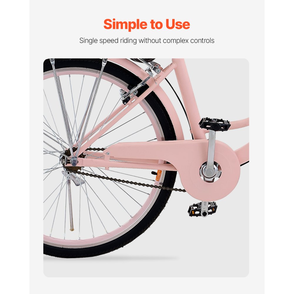 VEVOR Bicicleta de Ciudad 26 pulgadas Bicicleta con Canasta y Portaequipaje Trasero Bicicleta de Paseo 1 Velocidad con Asiento Ajustable para Andar en Bicicleta, Hacer Ejercicio, Comprar, Rosa