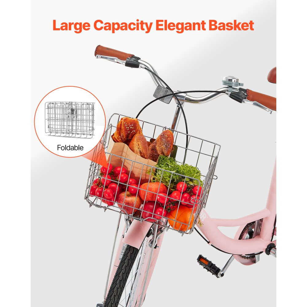 VEVOR Bicicleta de Ciudad 26 pulgadas Bicicleta con Canasta y Portaequipaje Trasero Bicicleta de Paseo 1 Velocidad con Asiento Ajustable para Andar en Bicicleta, Hacer Ejercicio, Comprar, Rosa