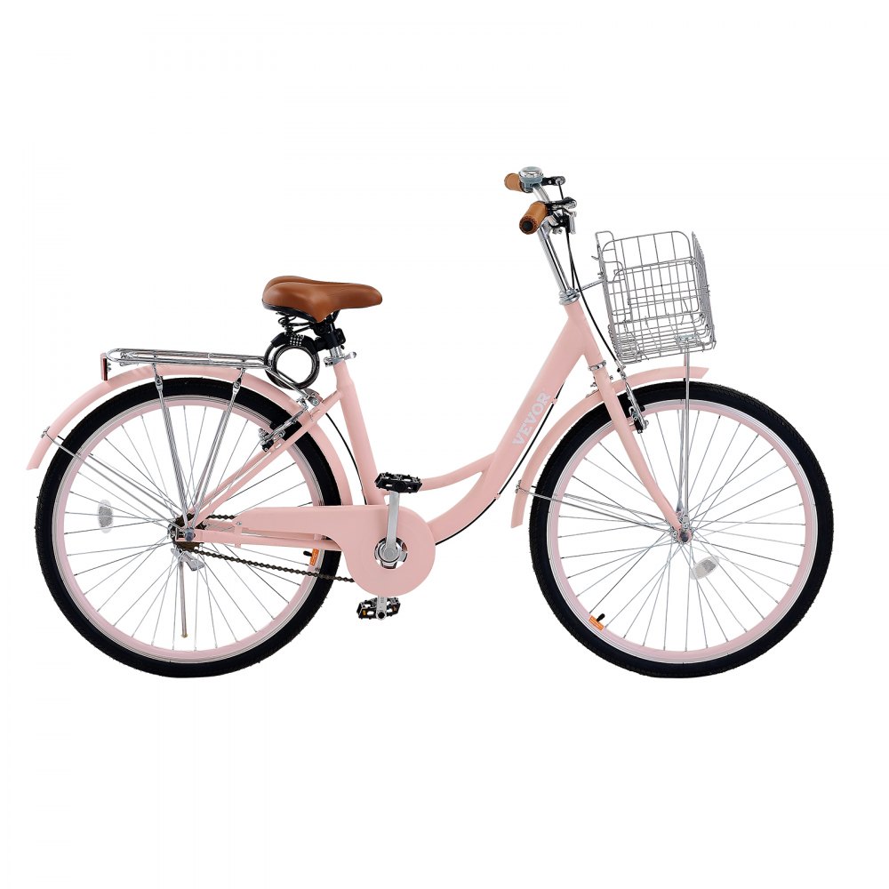 VEVOR Bicicleta de Ciudad 26 pulgadas Bicicleta con Canasta y Portaequipaje Trasero Bicicleta de Paseo 1 Velocidad con Asiento Ajustable para Andar en Bicicleta, Hacer Ejercicio, Comprar, Rosa