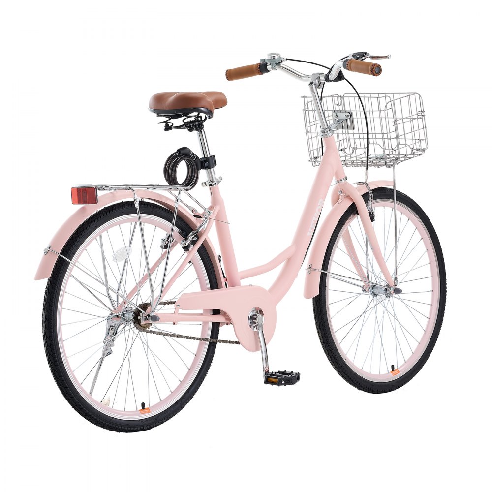VEVOR Bicicleta de Ciudad 26 pulgadas Bicicleta con Canasta y Portaequipaje Trasero Bicicleta de Paseo 1 Velocidad con Asiento Ajustable para Andar en Bicicleta, Hacer Ejercicio, Comprar, Rosa