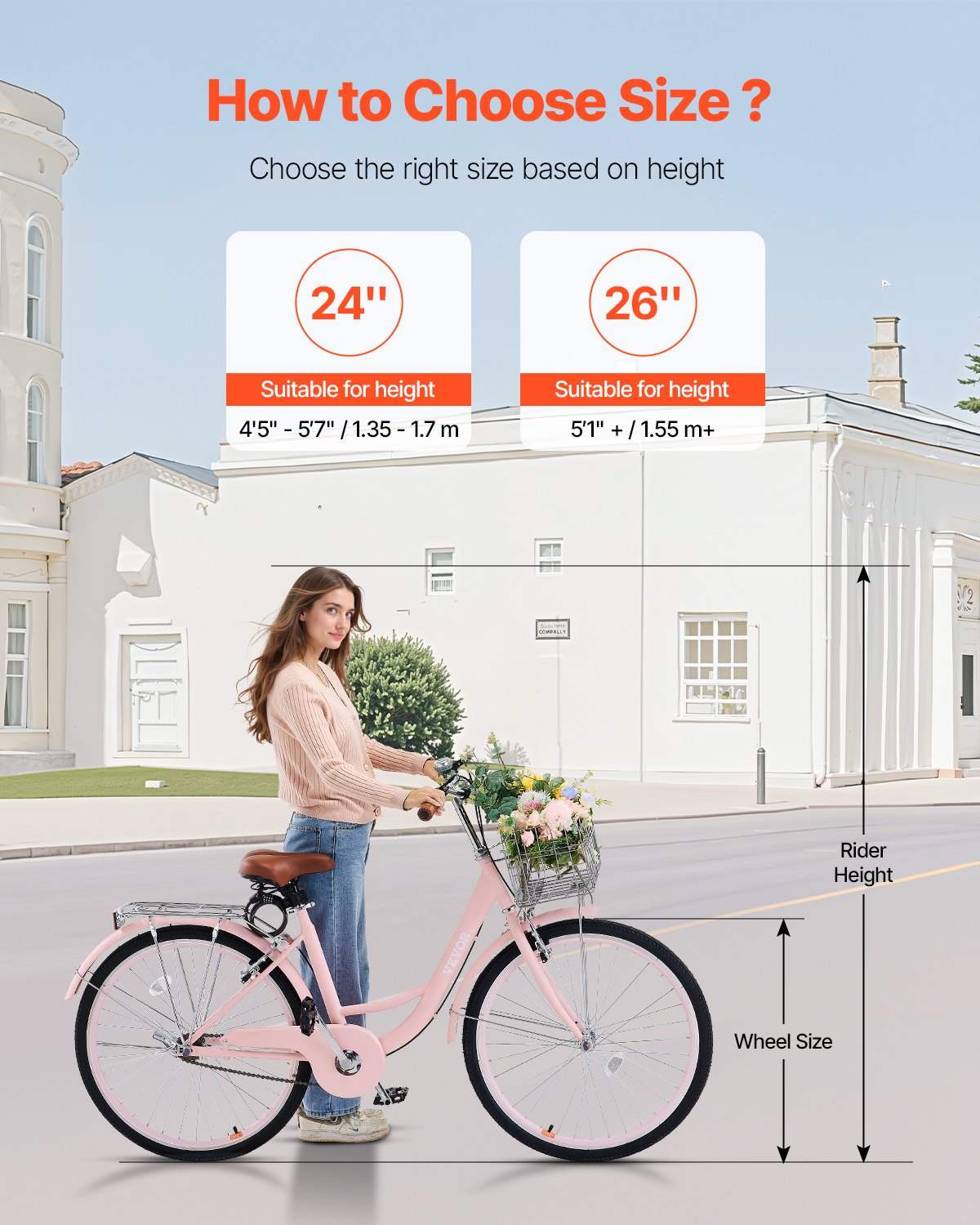 VEVOR Bicicleta de Ciudad 26 pulgadas Bicicleta con Canasta y Portaequipaje Trasero Bicicleta de Paseo 1 Velocidad con Asiento Ajustable para Andar en Bicicleta, Hacer Ejercicio, Comprar, Rosa