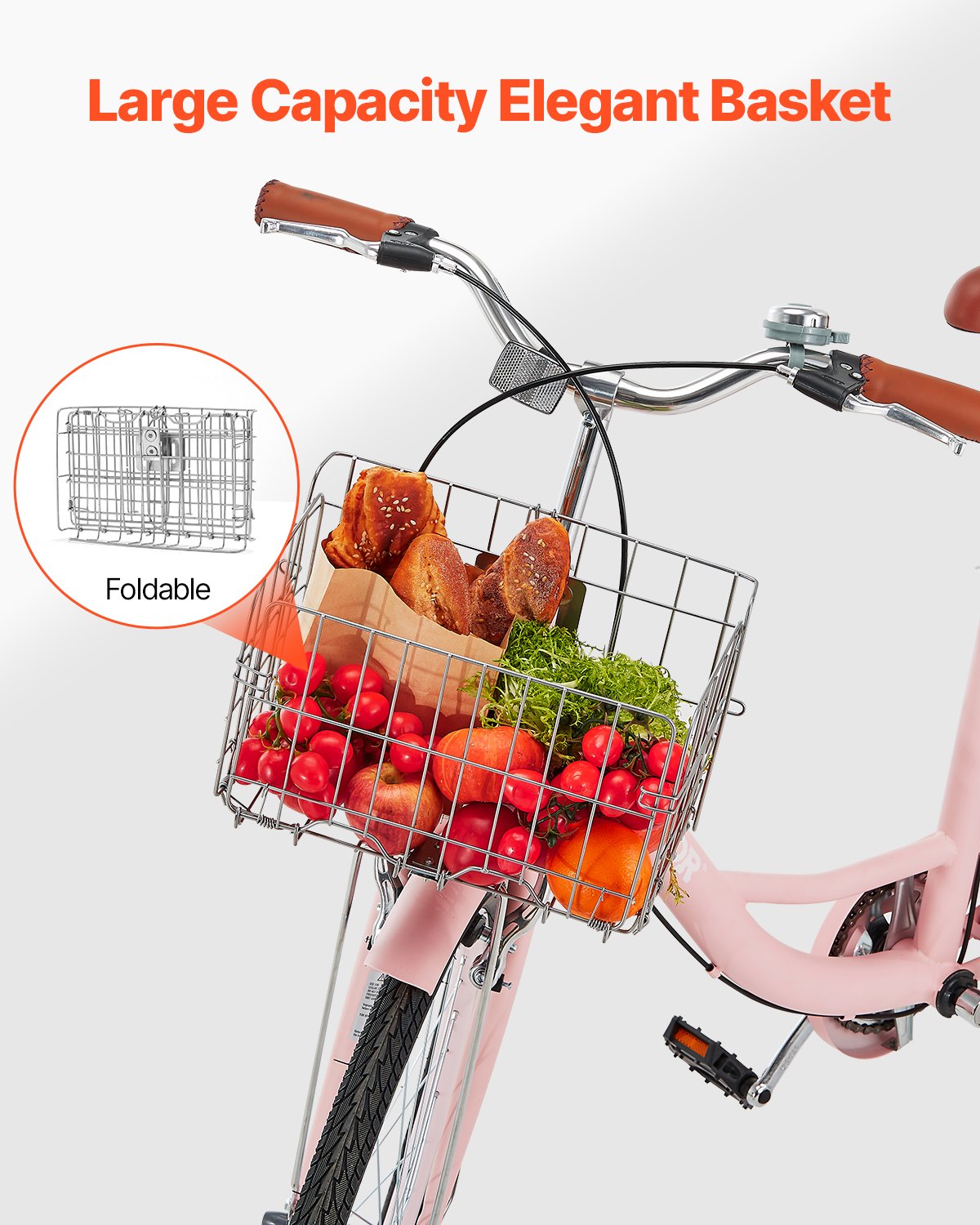 VEVOR Bicicleta de Ciudad 26 pulgadas Bicicleta con Canasta y Portaequipaje Trasero Bicicleta de Paseo 1 Velocidad con Asiento Ajustable para Andar en Bicicleta, Hacer Ejercicio, Comprar, Rosa