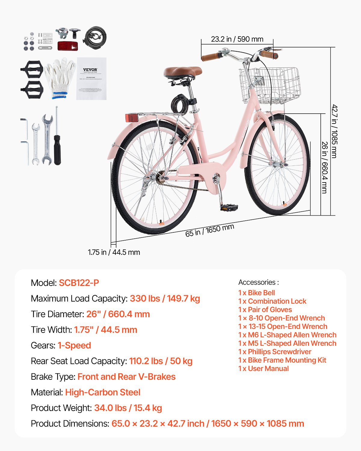 VEVOR Bicicleta de Ciudad 26 pulgadas Bicicleta con Canasta y Portaequipaje Trasero Bicicleta de Paseo 1 Velocidad con Asiento Ajustable para Andar en Bicicleta, Hacer Ejercicio, Comprar, Rosa