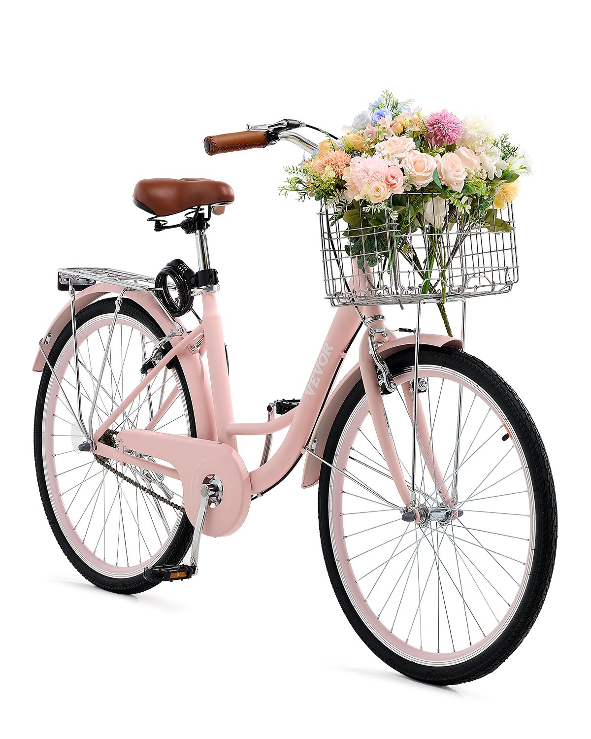VEVOR Bicicleta de Ciudad 26 pulgadas Bicicleta con Canasta y Portaequipaje Trasero Bicicleta de Paseo 1 Velocidad con Asiento Ajustable para Andar en Bicicleta, Hacer Ejercicio, Comprar, Rosa