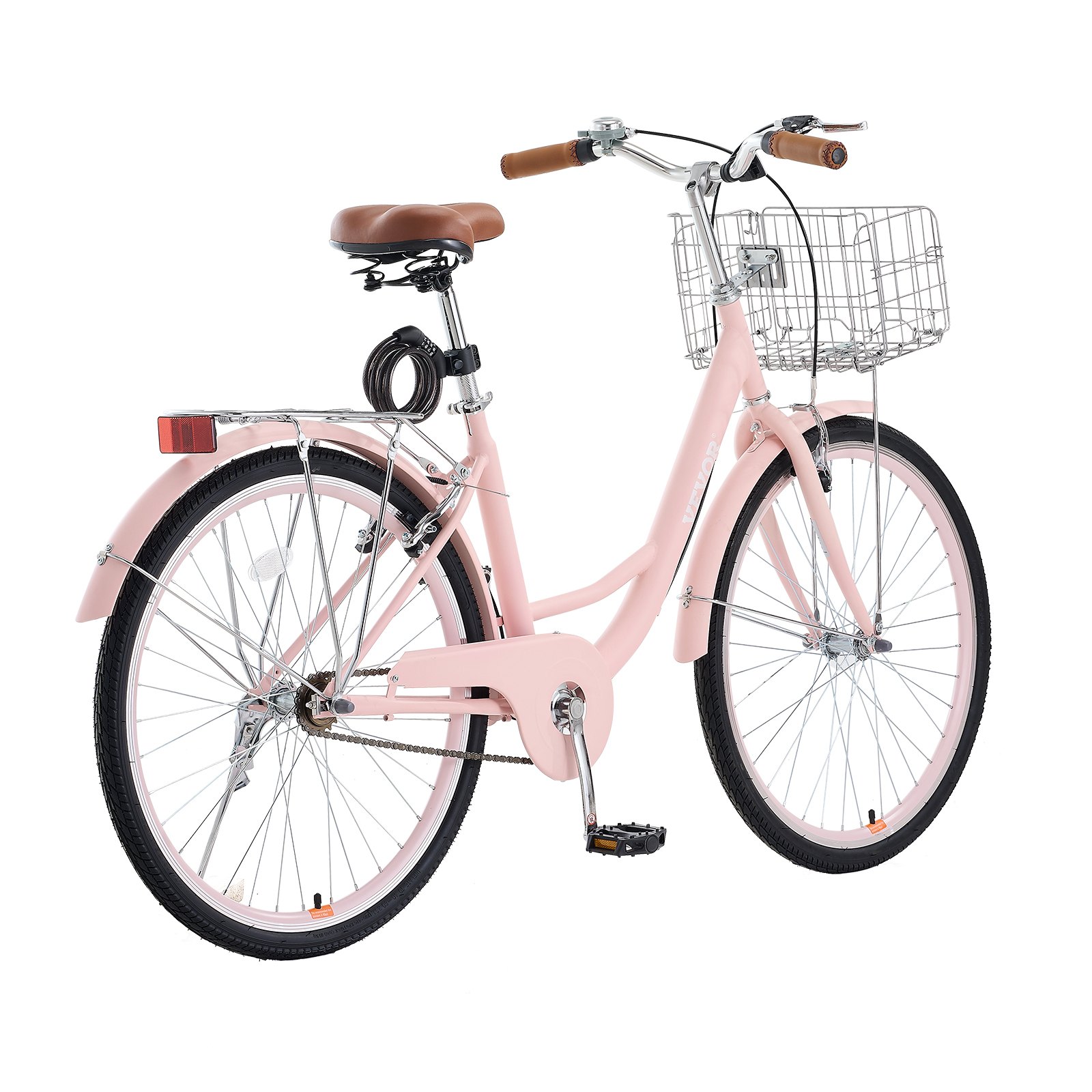 VEVOR Bicicleta de Ciudad 26 pulgadas Bicicleta con Canasta y Portaequipaje Trasero Bicicleta de Paseo 1 Velocidad con Asiento Ajustable para Andar en Bicicleta, Hacer Ejercicio, Comprar, Rosa