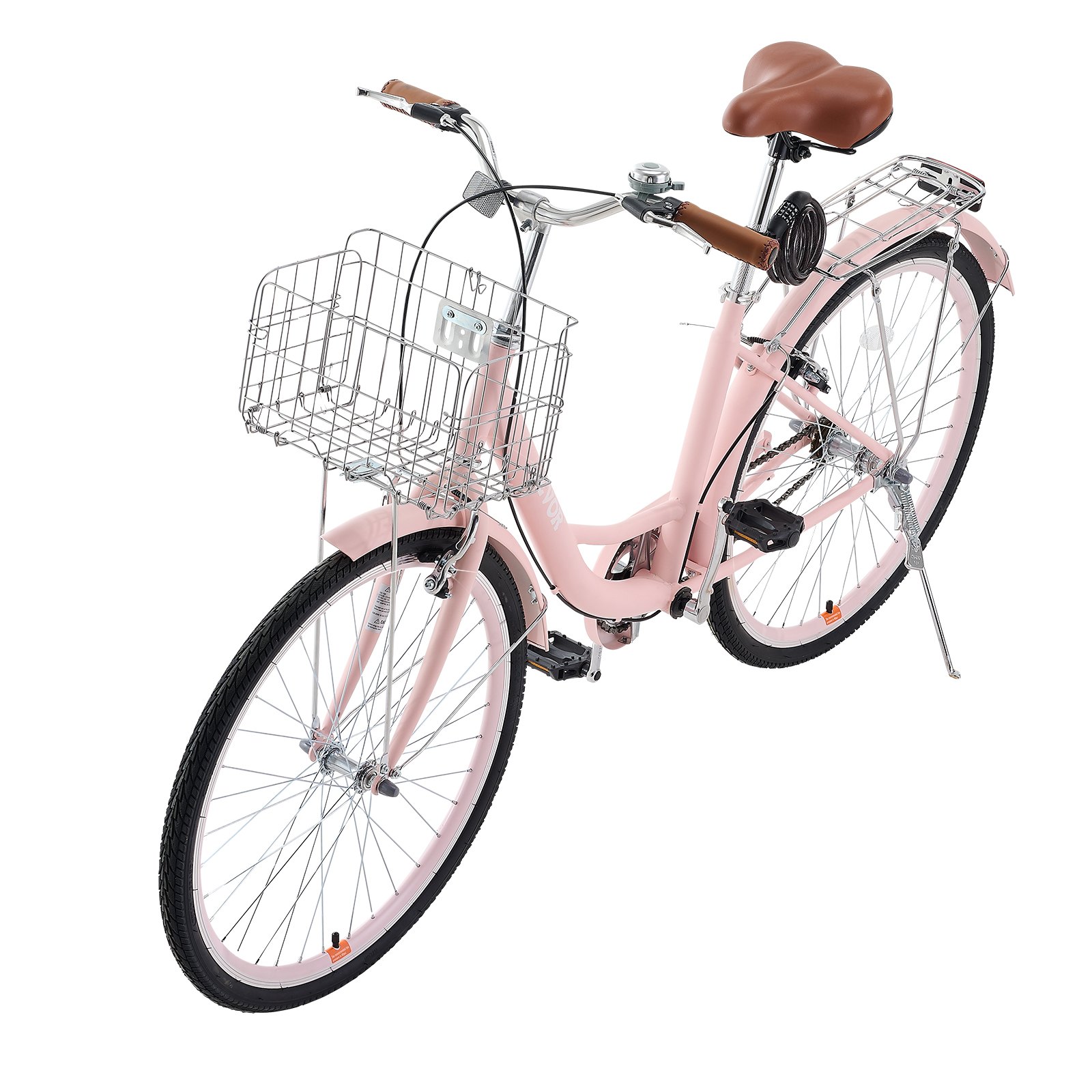 VEVOR Bicicleta de Ciudad 26 pulgadas Bicicleta con Canasta y Portaequipaje Trasero Bicicleta de Paseo 1 Velocidad con Asiento Ajustable para Andar en Bicicleta, Hacer Ejercicio, Comprar, Rosa