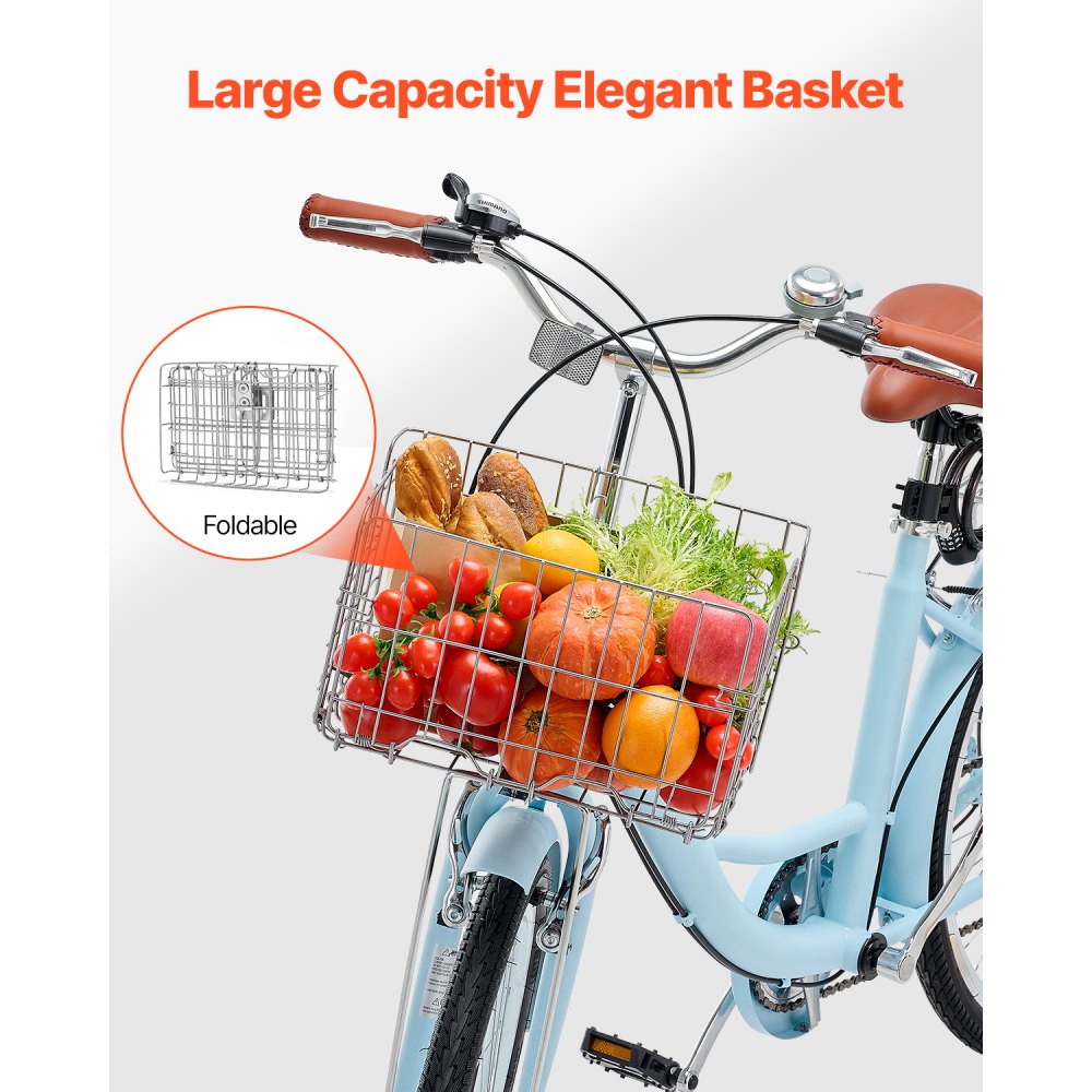 VEVOR Bicicleta de Ciudad 26 pulgadas Bicicleta con Canasta y Portaequipaje Trasero Bicicleta de Paseo 7 Velocidades con Asiento Ajustable para Andar en Bicicleta, Hacer Ejercicio, Comprar, Azul