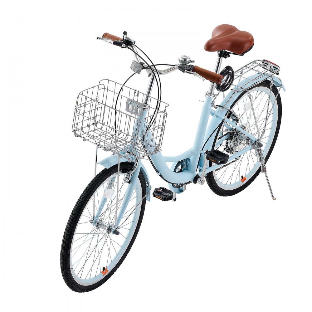 VEVOR Bicicleta de Ciudad 26 pulgadas Bicicleta con Canasta y Portaequipaje Trasero Bicicleta de Paseo 7 Velocidades con Asiento Ajustable para Andar en Bicicleta, Hacer Ejercicio, Comprar, Azul